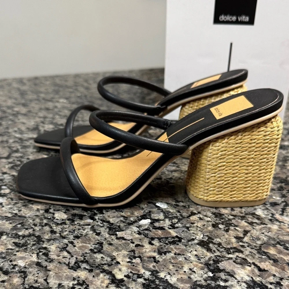 Dolce Vita Black Stella rattan wrapped Block Heel Sandals NWT 8.5